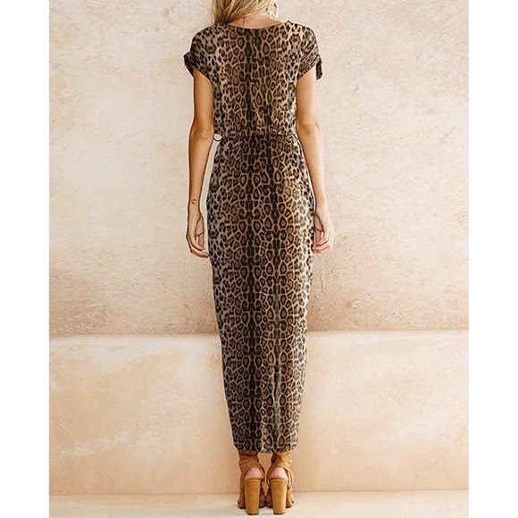 Leopard Print Casual Short Sleeve Maxi Slit Dress - Picture 2 of 3